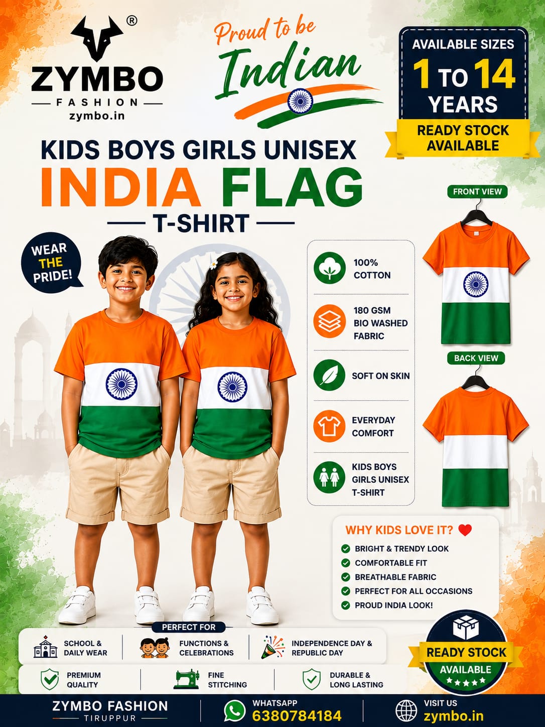 Kids Boys Girls Unisex India Flag T-shirt